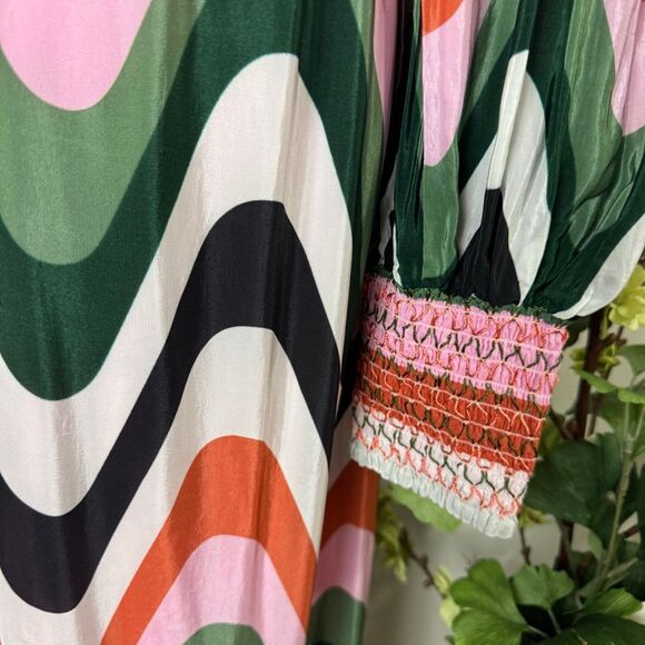 FARM Rio * Wave Gradient Maxi Dress Long Sleeve Drawstring Waist Multicolor Larg - Picture 11 of 16